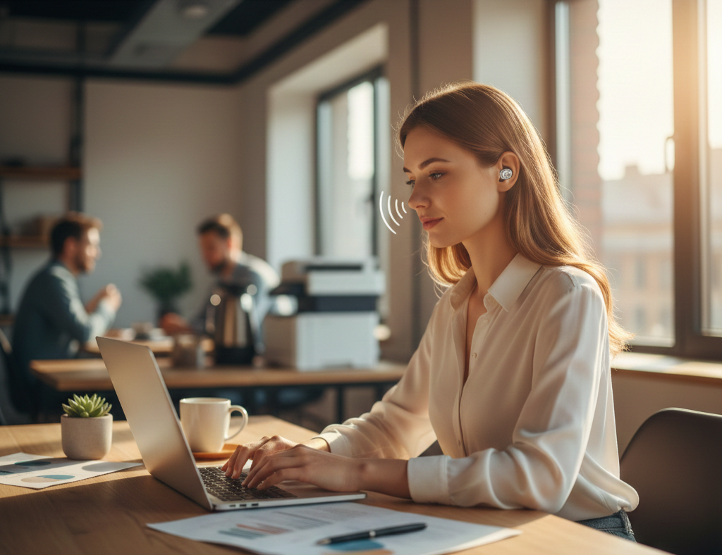 Kobieta używa zatyczki do uszu do pracy EarPeace w głośnym biurze